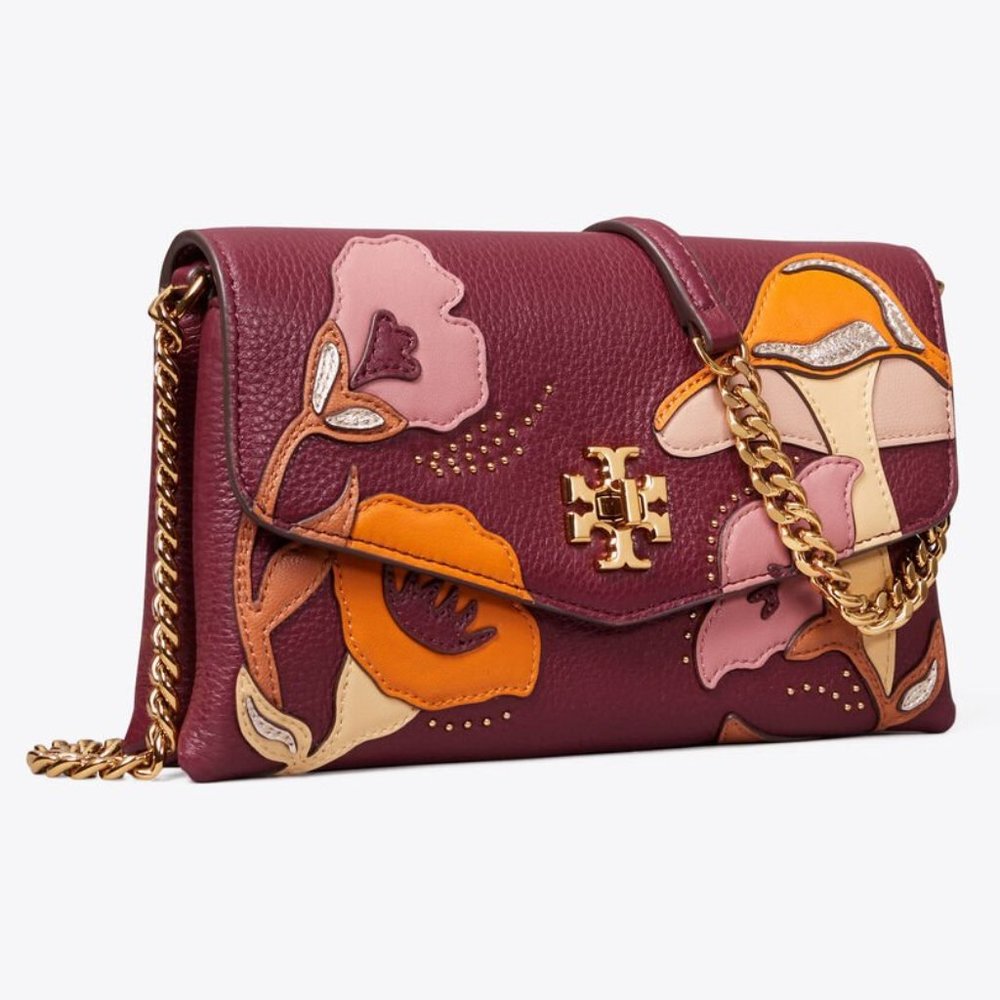 Tory Burch Kira Applique Floral Bag Brown Leather Handbag Burgundy Wine Purse NW - Picture 3 of 6